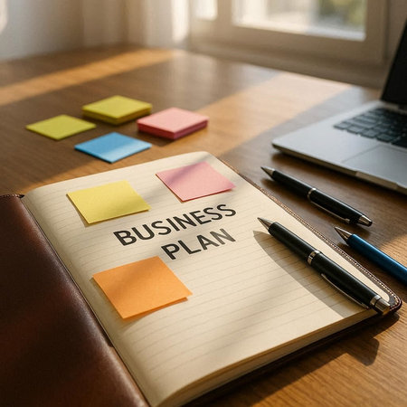 Business Plan text on notepad with laptop and colorful sticky notes.