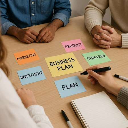 Business plan concept shown on a business card used by a group of people