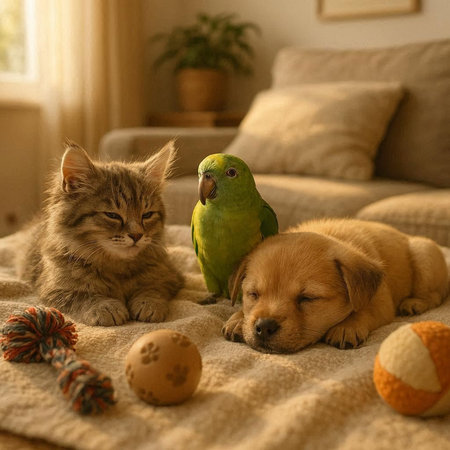Cat, dog and a green parrot are lying on the bed.