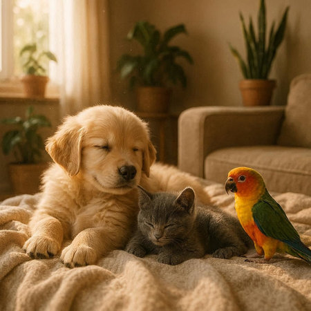 Cute Golden Retriever puppy, cat and parrot on the bed.
