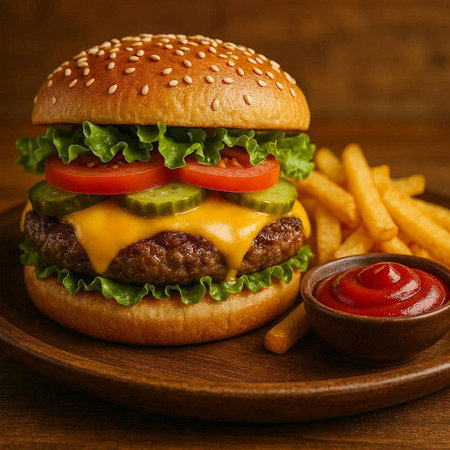Cheese burger - American cheese burger with Golden French fries on wooden background