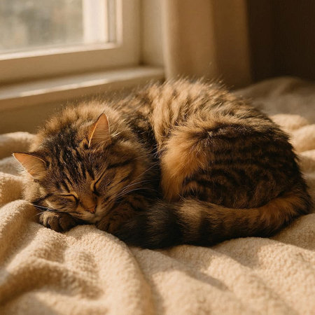 Cute tabby cat sleeps on the windowsill. Cozy home.