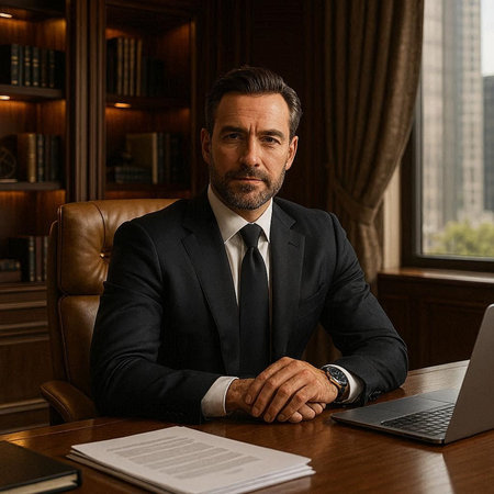 Portrait of a confident mature businessman sitting at his office desk.