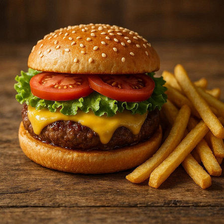 Cheese burger - American cheese burger with fresh salad tomato and french fries