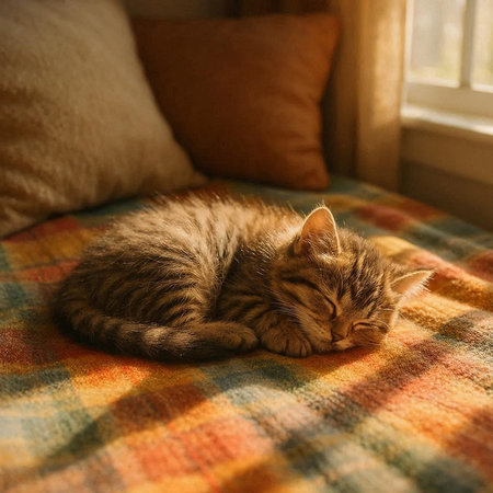 Cute tabby kitten sleeps on a plaid blanket. Cozy home.