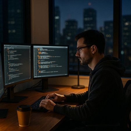 Side view of young hacker working on computer in dark office at night