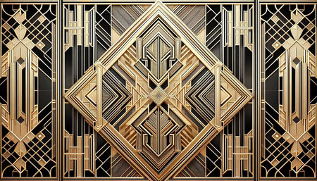 Luxury golden metal fence with geometric ornament. 3D rendering