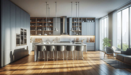 Interior of modern kitchen with white and gray walls, wooden floor, white cupboards and bar with stools. 3d rendering