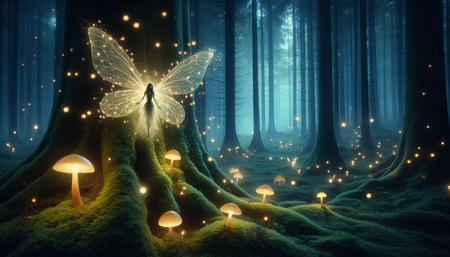 Mysterious forest with magic glowing butterflies. 3D illustration.