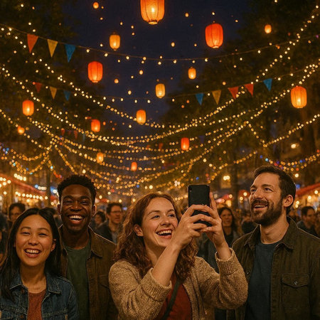 Group Of Friends Taking Selfie With Mobile Phone On Street At Night
