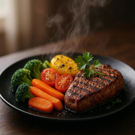 Steak with vegetables on a black plate on a wooden background.