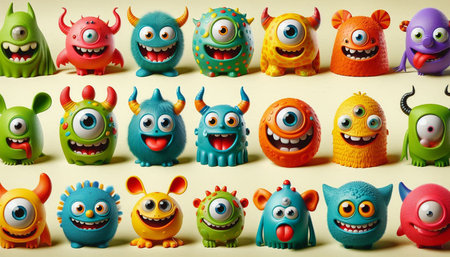 Funny monsters on yellow background, close-up. Halloween concept