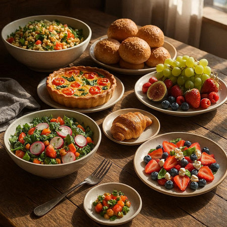 Healthy breakfast table with fruit and berry salads. Balanced diet