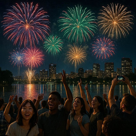 Diverse Group of People Enjoying Fireworks in New York City