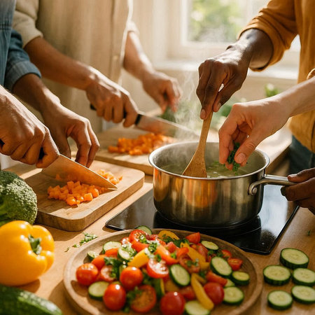 Cropped image of multiethnic group of friends cooking together at home