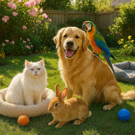 Golden Retriever dog with a parrot and a cat on the grass