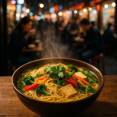 Chinese noodle soup with tofu and vegetables in bowl on wooden table