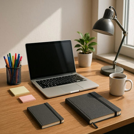 Modern workplace with laptop, coffee cup, notebook and stationery on wooden table