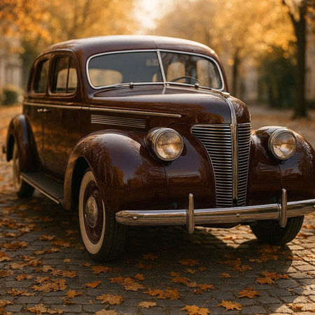 Vintage car on the background of autumn leaves. Retro car.