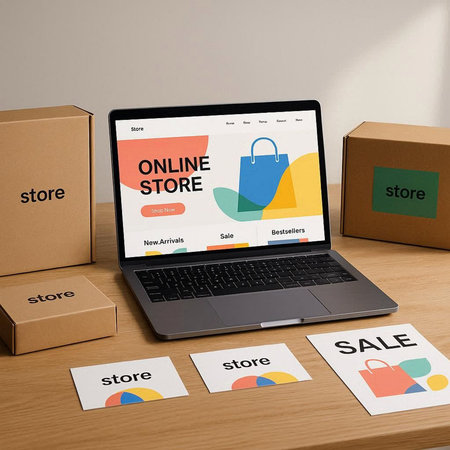 Laptop with online shopping concept on screen. All screen graphics are made up.