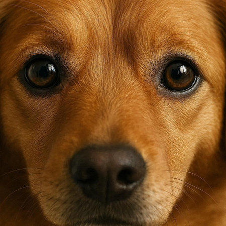 Close-up of a dog's face, looking at the camera.