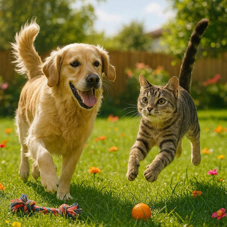 Golden Retriever and cat playing with a ball in the garden