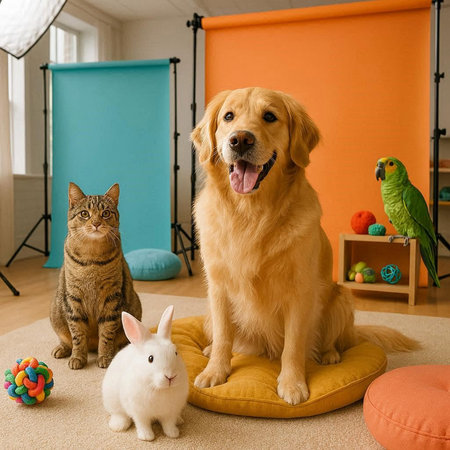 Cat, dog and dog in a room at home. Pet care.