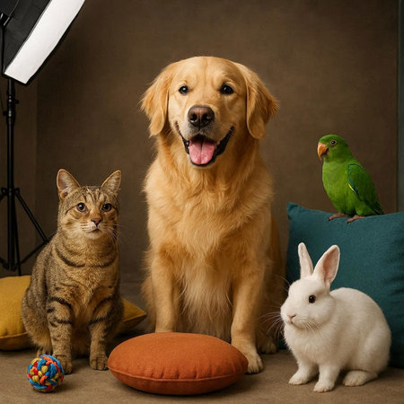Golden Retriever, cat, dog and green parrot in studio