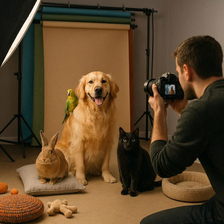 Handsome young photographer taking photo of golden retriever, black cat and parrot in studio
