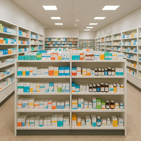 Interior of a pharmacy with shelves full of pharmaceutical products. 3d rendering