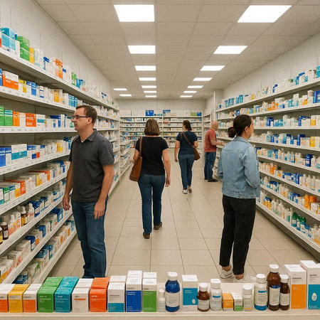 Rear view of a group of people walking in a drugstore