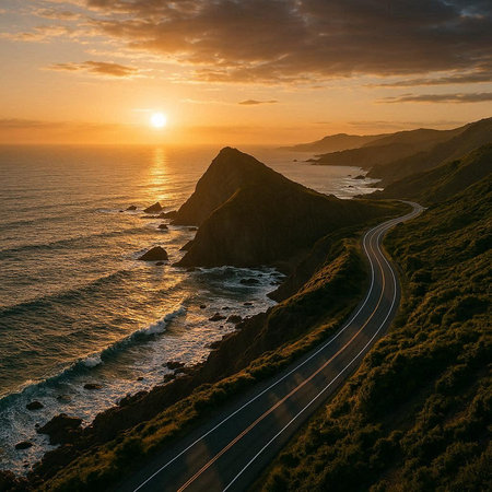 Aerial view of road leading to Cabo da Roca at sunset, Portugal