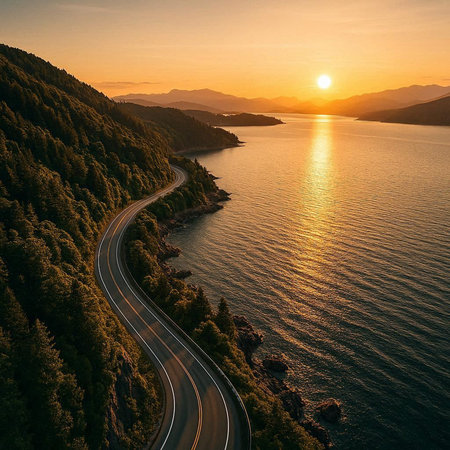 Aerial view of the road on the lake Baikal at sunset.
