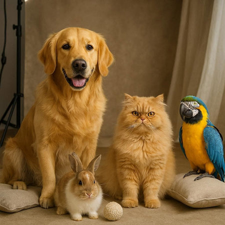 Golden Retriever, Macaw and red cat sitting together.