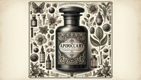 Vintage illustration of a bottle of herbal medicine with floral ornament.