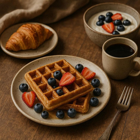 Breakfast with coffee, croissants, berries and waffles