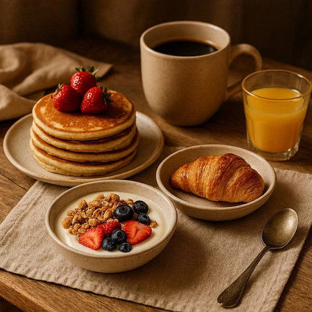Breakfast with coffee, croissants, cereals and fruits