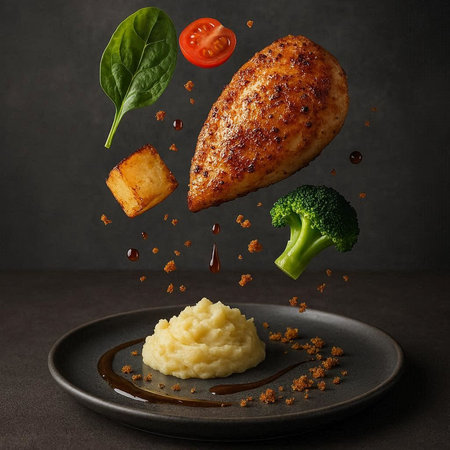 Falling chicken fillet with mashed potatoes and vegetables on dark background
