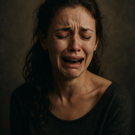 Portrait of a crying woman. Emotional portrait of a crying woman.の写真素材