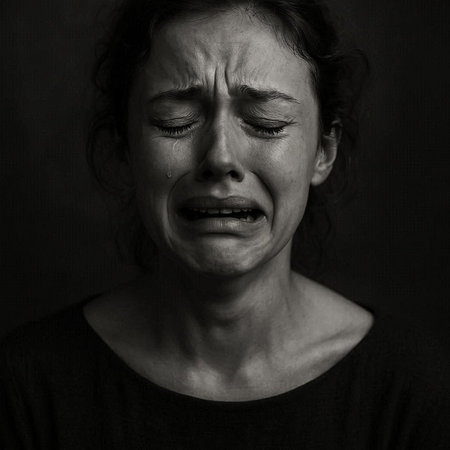 Portrait of a young woman crying. Black and white photo.の写真素材