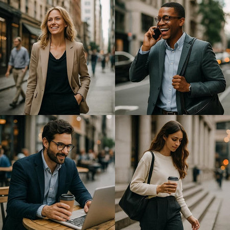 collage of smiling business people talking on smartphone and drinking coffee in city