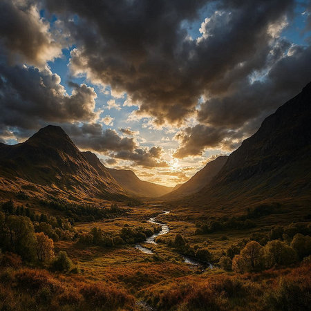 Beautiful autumn landscape in Scotland. Dramatic sky over mountain river.