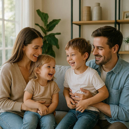 Happy family of three sitting on sofa in living room and smiling each other