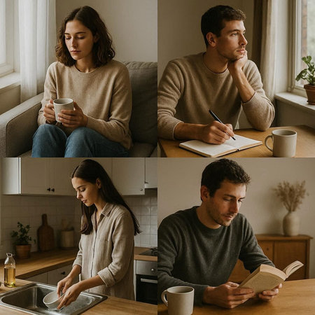 collage of young couple drinking coffee and reading book in kitchen at home