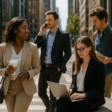 Group of business people working on laptop and talking on the phone in the city