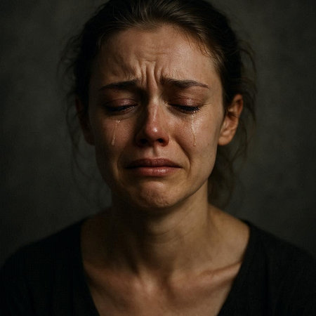 portrait of sad woman crying on dark background, monochrome