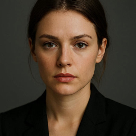 Portrait of a young business woman in a black suit on a gray background