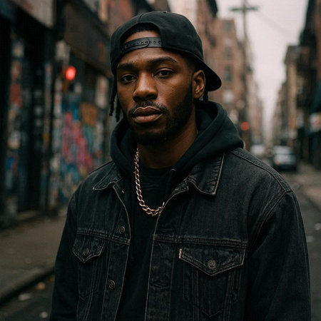 Handsome african american man in a black leather jacket and cap on the street