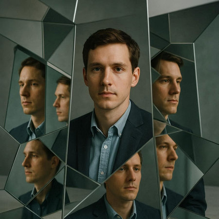 Portrait of young businessman looking at camera with reflection in glass wall