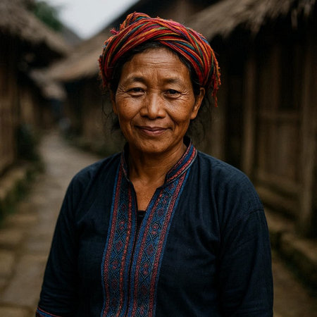 Unidentified Hmong woman in traditional clothes. Hmong people suffer of poverty due to the bad economy